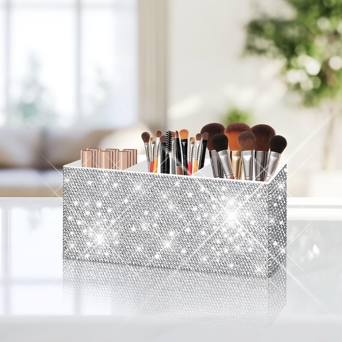 Bling Makeup Brush Holder Organizer, 3 Slot Sparkle Cosmetics Brushes Storage Holders with Shiny Rhinestones, Glitter Cute Pen and Pencil Holder for Desk, Eyeliners Display Case for Vanity（White）