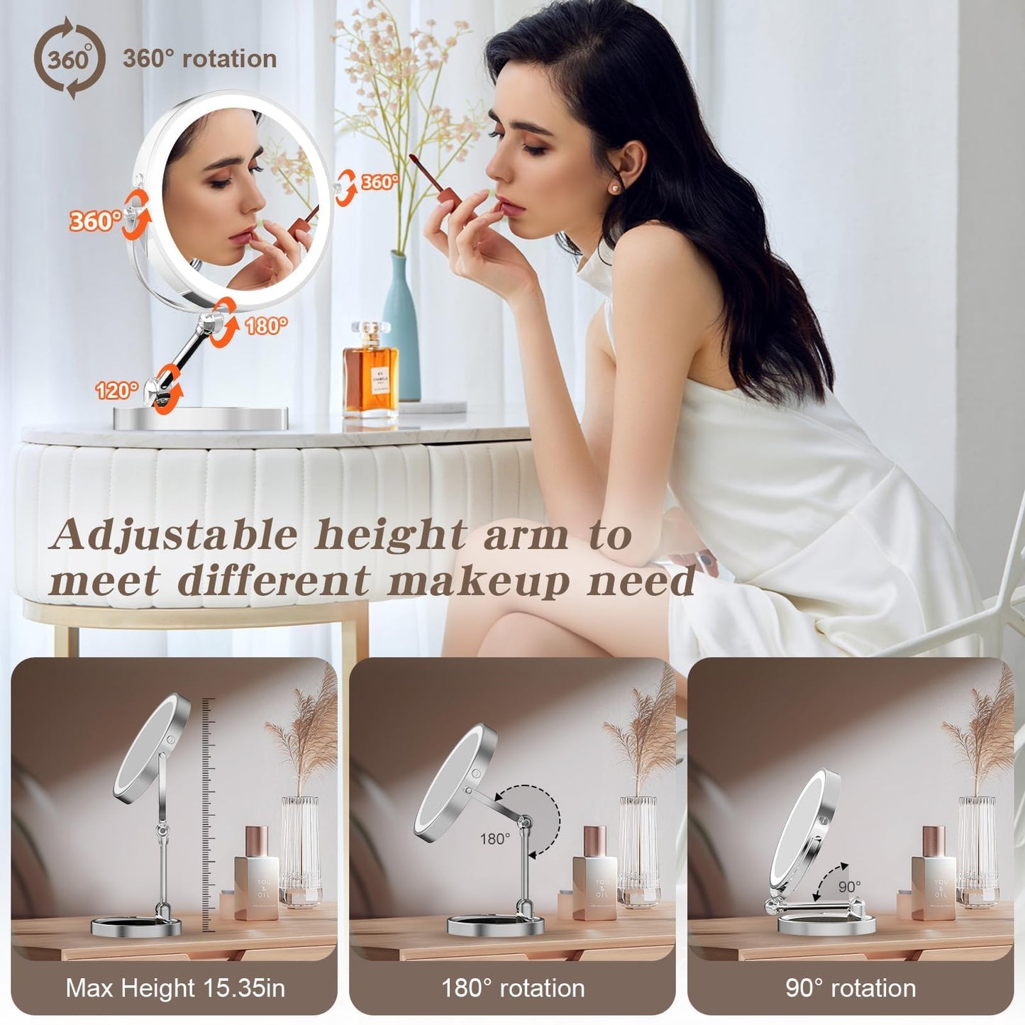 Rocollos Tabletop Makeup Mirror with Built-in Vanity Tray, 9" Rechargeable 4000mAh Lighted Vanity Mirror 1X/10X Magnification, Height-Adjustable Arm, 3 Color Dimmable (9Inch Chrome)
