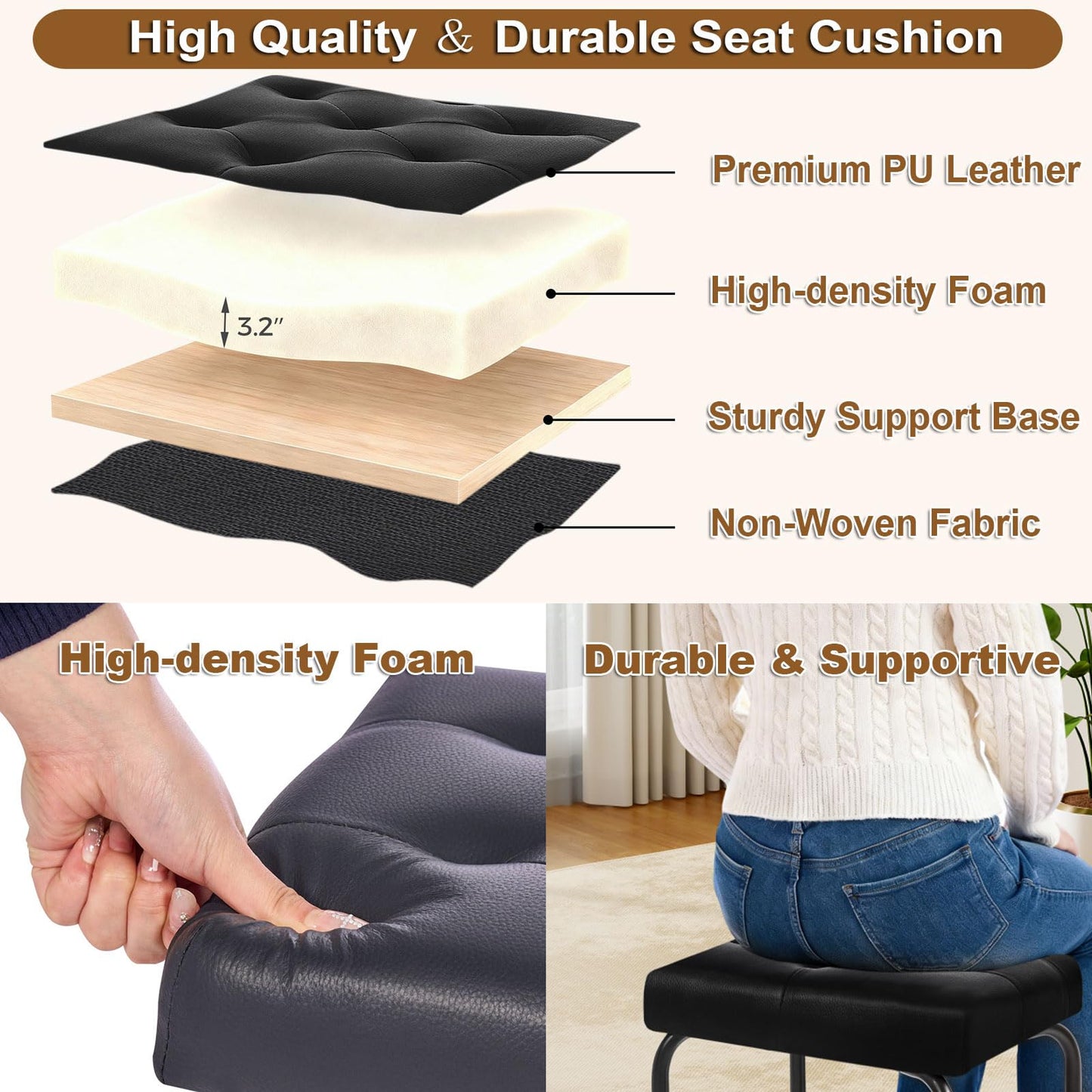 BEWISHOME Black Vanity Stool, Leather Vanity Stool, Small Stool Chair for Vanity, Square Ottoman Foot Stool, Makeup Vanity Chairs with Thick Padded Seat for Bathroom, Bedroom, Entryway, KFD01B