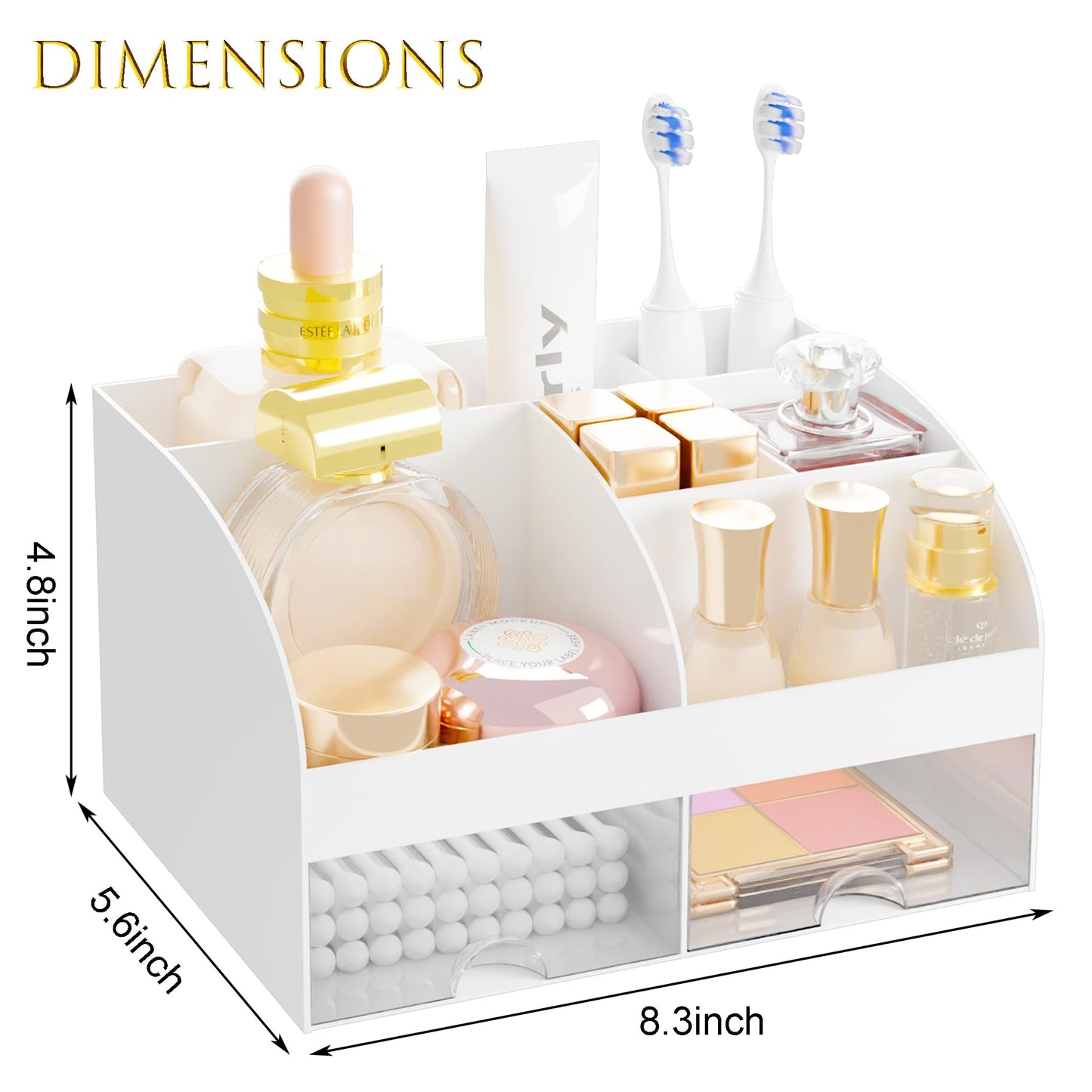 Makeup Organizer with 2 Drawers, Cosmetic Storage for Dresser Vanity and Bathroom Countertop,Make up organization and Skincare Storage with Beauty Brush Holder, Cosmetic Display Case (White)