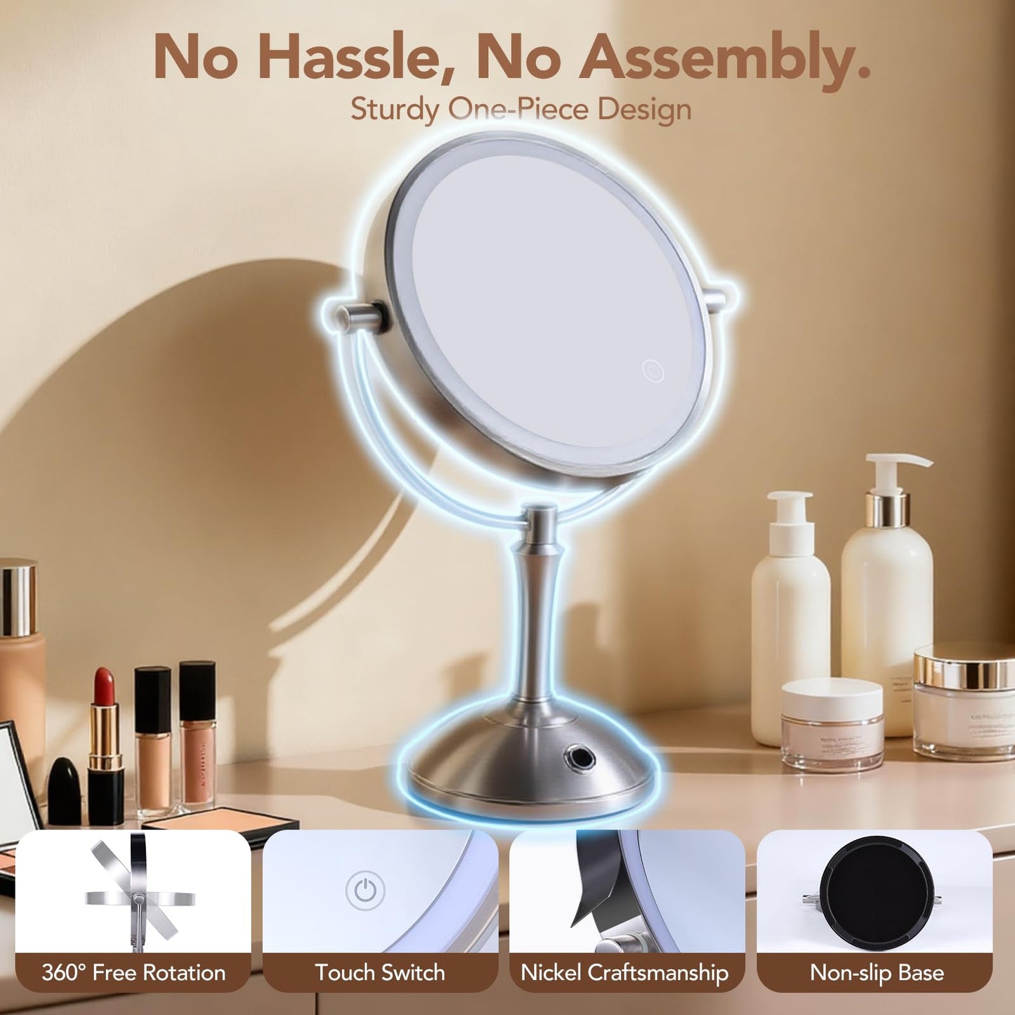 PJE Vanity Mirror with Lights,360 Mirror Magnifying Mirror with Light 10X,3 Light Settings Rechargeable Makeup Mirror,Dimmable Touch Control Tabletop Makeup Mirrors with Lights for Home,Hotel & Salon