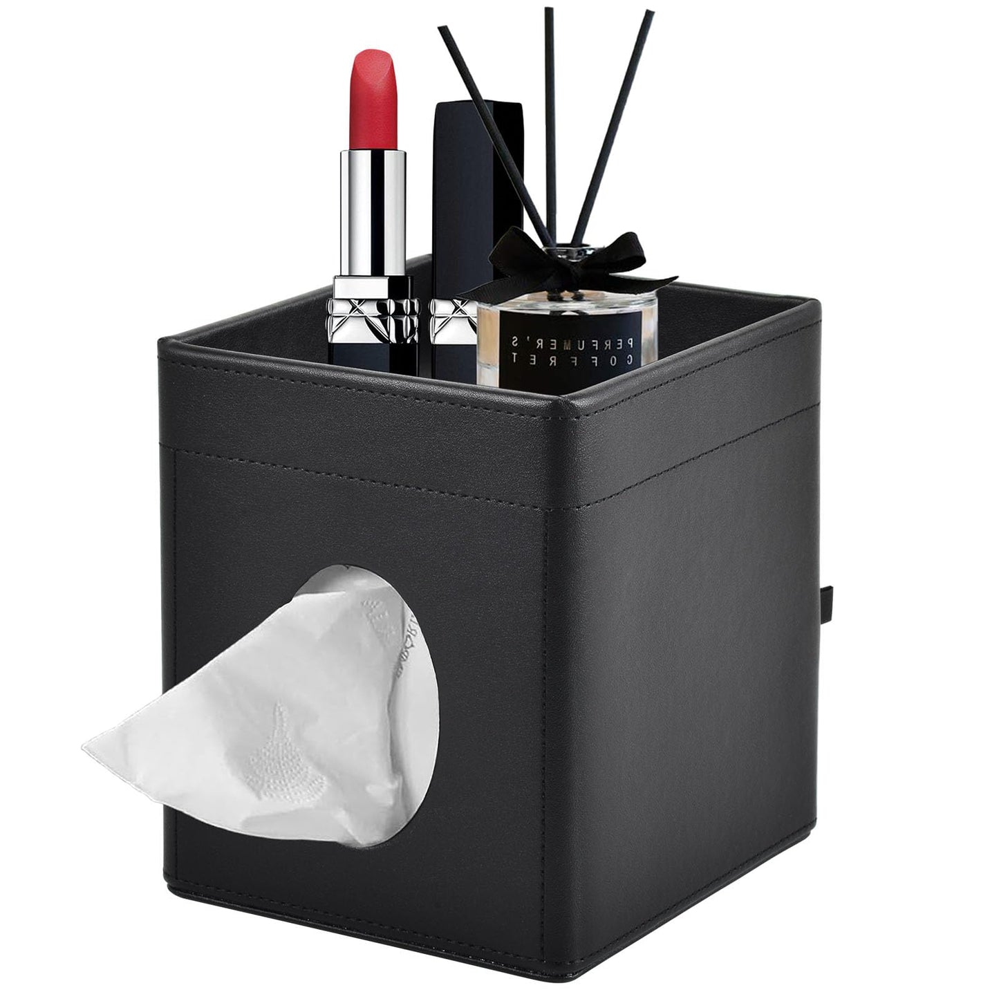 XNONE Tissue Box Cover Square Tissue Box Holder PU Leather Facial Tissues Organizer with Storage Tray for Bathroom Vanity Bedroom Office Car, Stylish Napkin Caddy Decorative Organizer (Black)