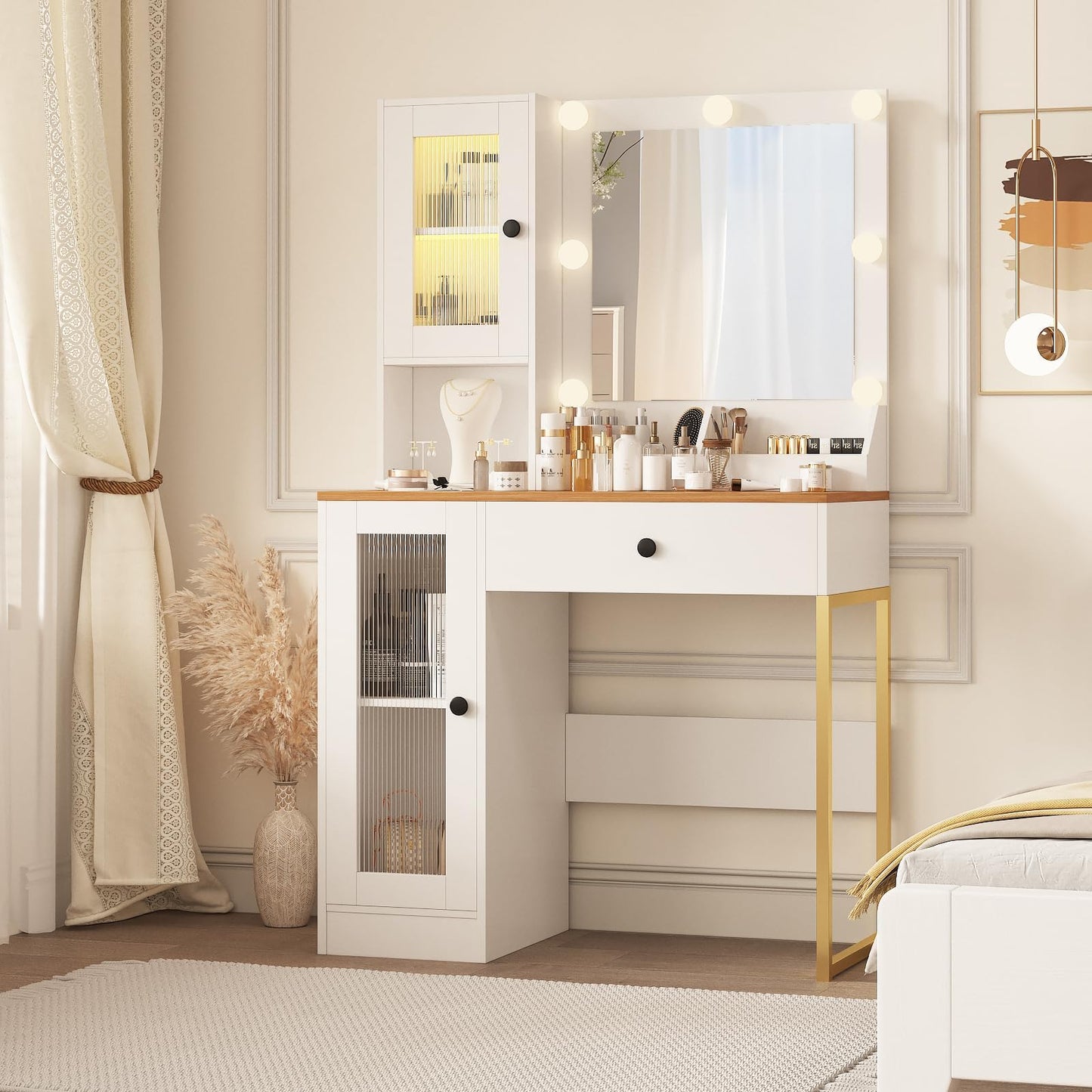 IDEALHOUSE Makeup Vanity Desk with Mirror and Lights, Vanity Table with Charging Station, 2 Open Compartments, 2 Acrylic-Door Cabinets, and RGB Lights Wood Dressing Table for Bedroom