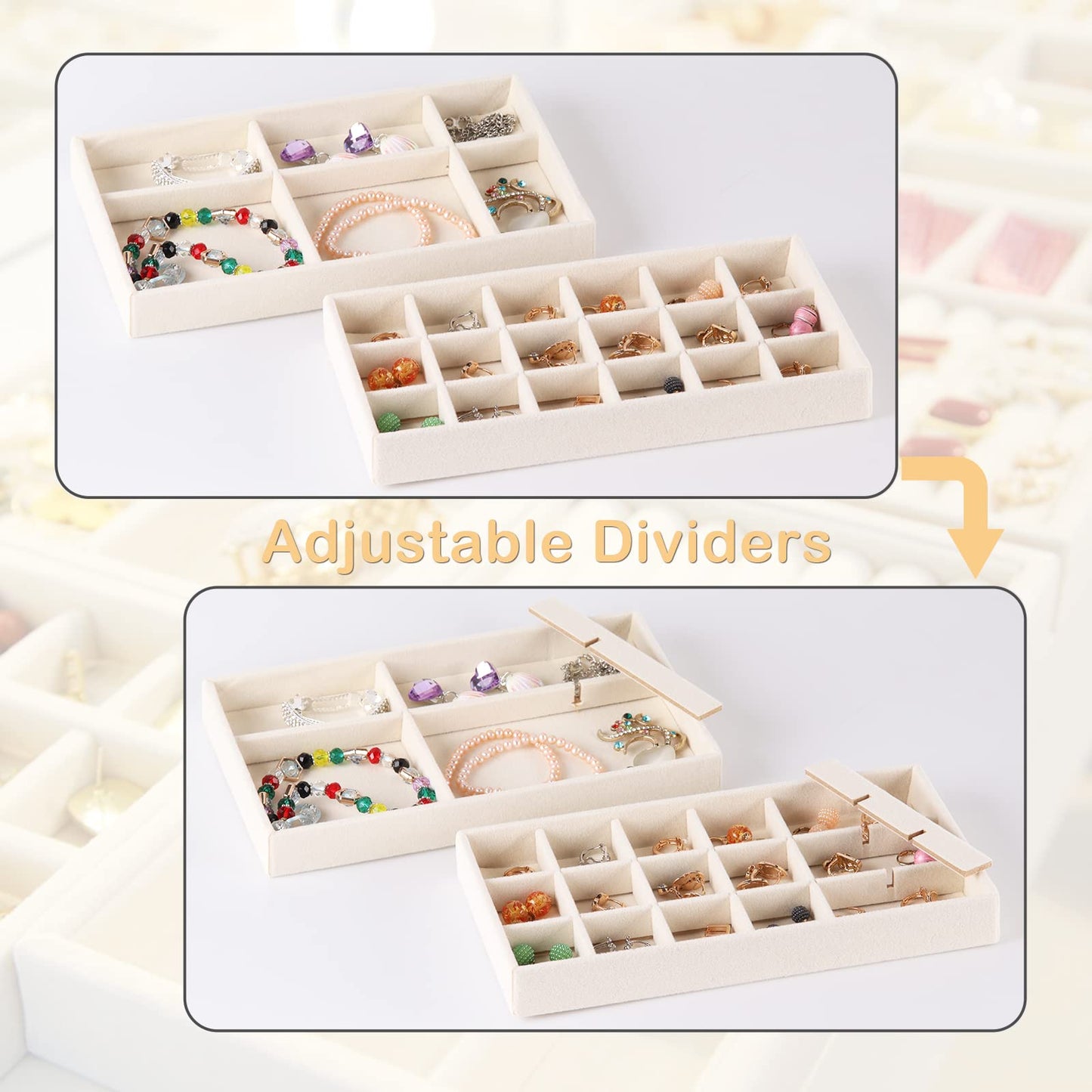 Afnkiom Jewelry Trays,Velvet Stackable Organizer Trays,Drawer Inserts Jewelry Display Case For Rings Stud Necklaces Earring Organizer Tray for Women Girls-8 Pack (Beige)