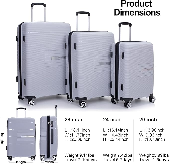 Travelhouse Luggage Sets, Expandable Hardside Suitcases 24in/28in, Carry on 20in,3 Piece Set Travel Luggages Clearance with Double Spinner Wheels TSA Lock Lightweight (Silver-1206)