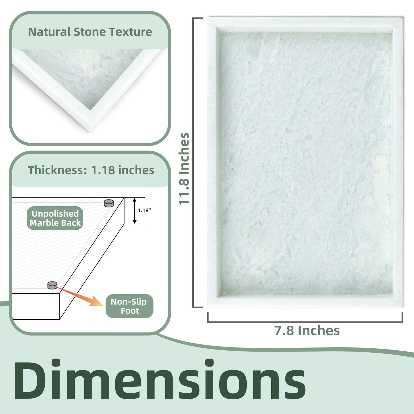 Yew & Tulip Natural Marble Vanity Tray, Luxury Stone with Light Green Textures Serving Tray for Bathroom, Kitchen, Vanity, Home Decor, Wedding etc. (12" x 8" x 1.2")