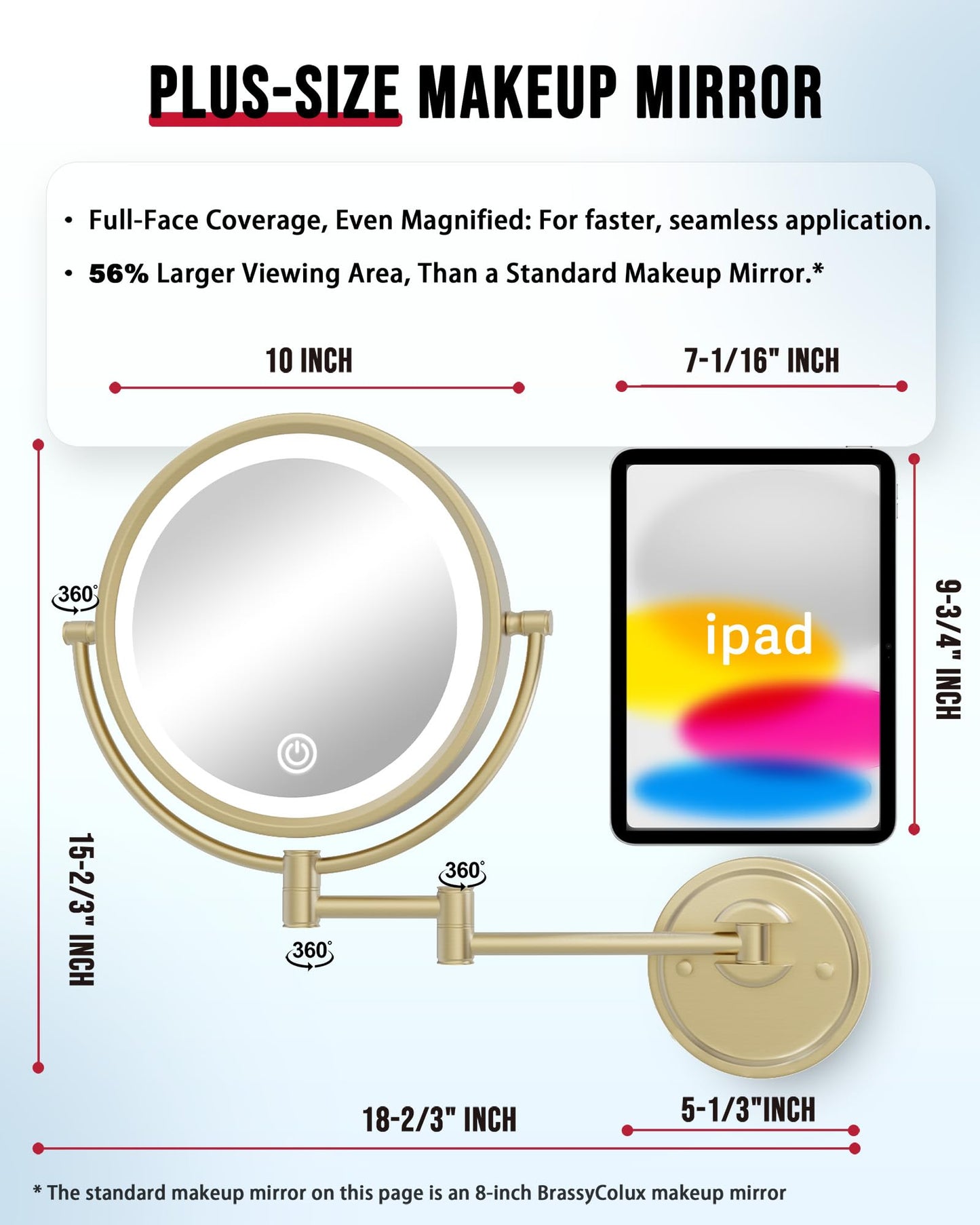 BrassyColux 10" Wall Mount Magnifying Mirror with Light Gold, Plug-in 1X/5X Powered Double-Sided 3 Color Touch Dimmable Extended Arm Cosmetic Light up Mirror for Bathroom, Satin Brushed Gold