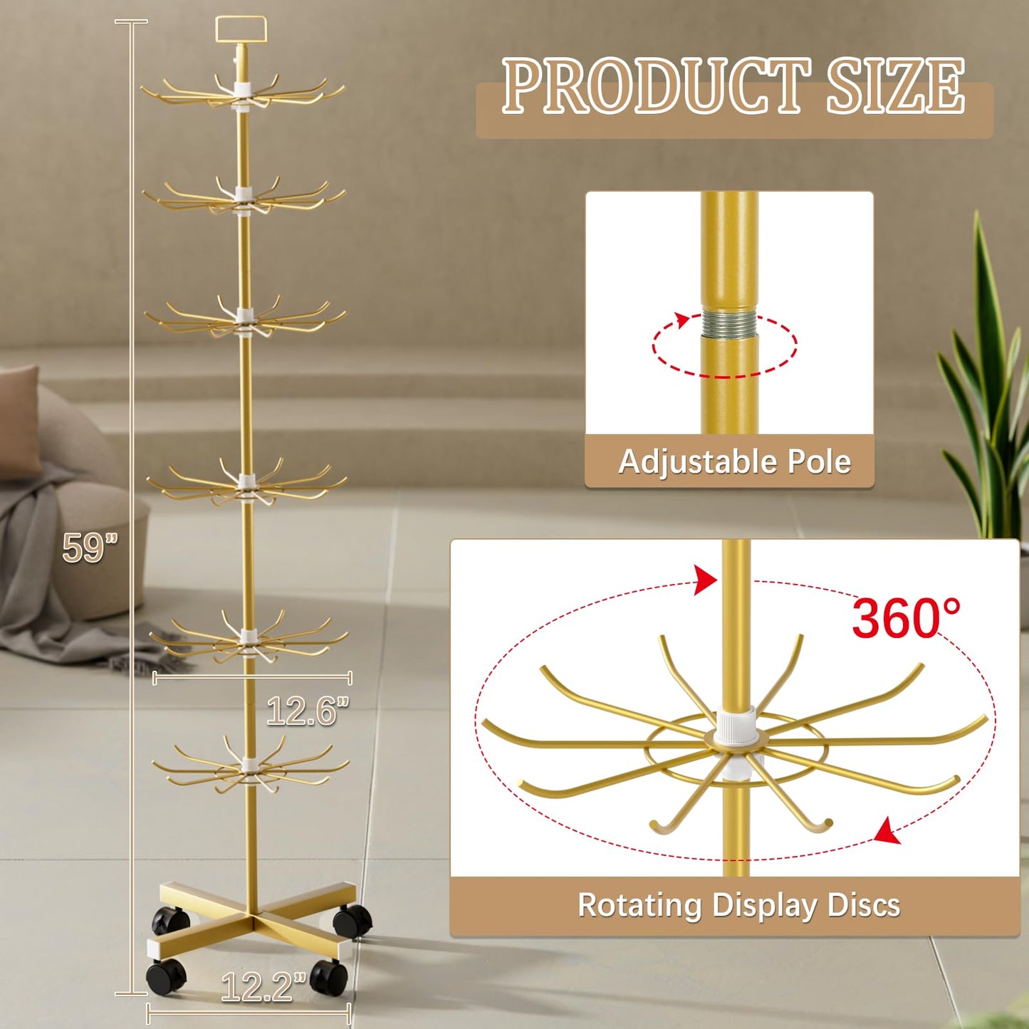 Exttlliy Retail Display Stand Store Display Rack 6 Tier Metal Spinning Display Stand Rack with Wheels Keychain Jewelry Stocking Hat Stand with Hooks for Malls, Showroom, Retail Store (6 Tier Gold)
