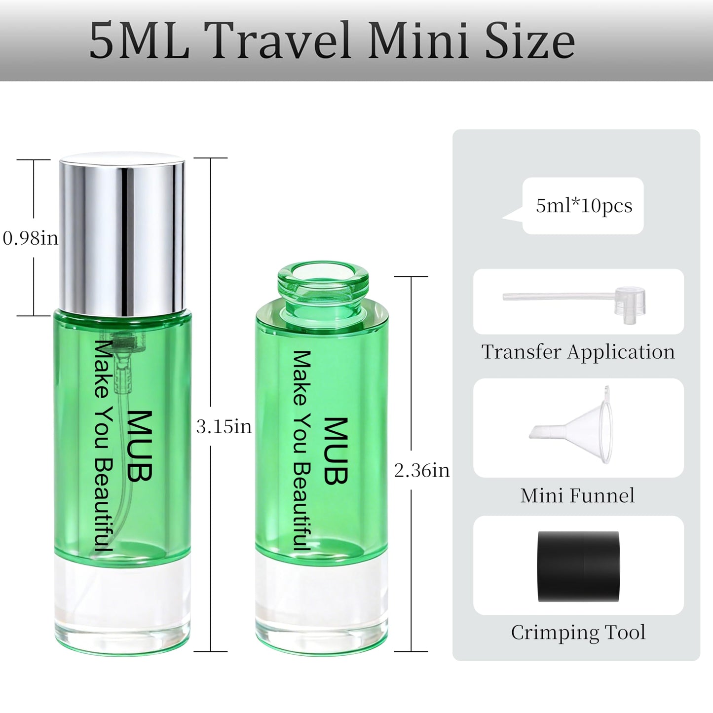 MUB 10pcs Perfume Travel Refillable Atomizer Bottle 5ml Glass Overmolding Leak-Proof Spray Bottle Atomizer Sprayer for Perfume Cologne Mini Travel Size Empty Portable Dispenser with Refill Tool Kit