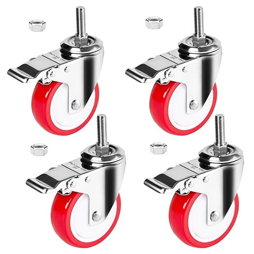 4 inch Stainless Steel Caster Wheels Heavy Duty, 3/8"-16x1 Threaded Stem Casters with Brake, Rust Resistant, Non-Marking Polyurethane PU Wheels for Hospital, Lab, Furniture, Restaurant