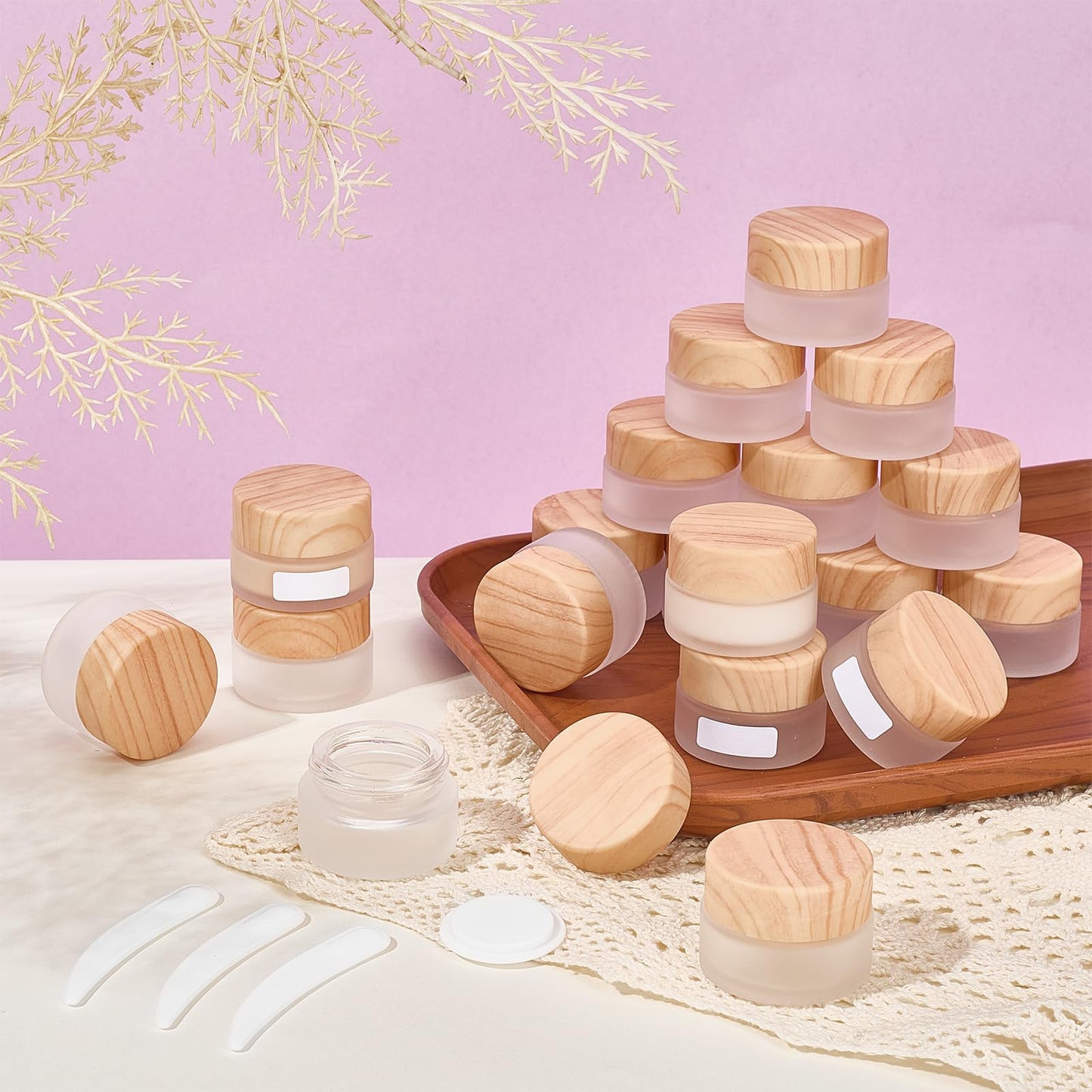INTERWARM 36 Pcs Glass Cosmetic Containers, Frosted Cosmetic Jars with Scoop and Sticker 0.17 OZ Makeup Sample Containers for Makeup Lotion Lip Balm Eye Cream(White)