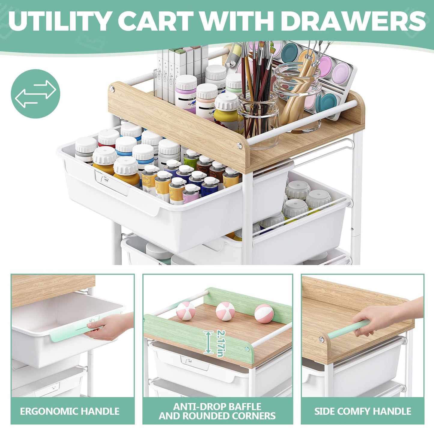SYKIARIOL Rolling Cart with 6 Drawers,Utility Storage Cart with Drawers,Art Craft Organizers and Storage,Makeup Organizer with Wooden Tabletop,White