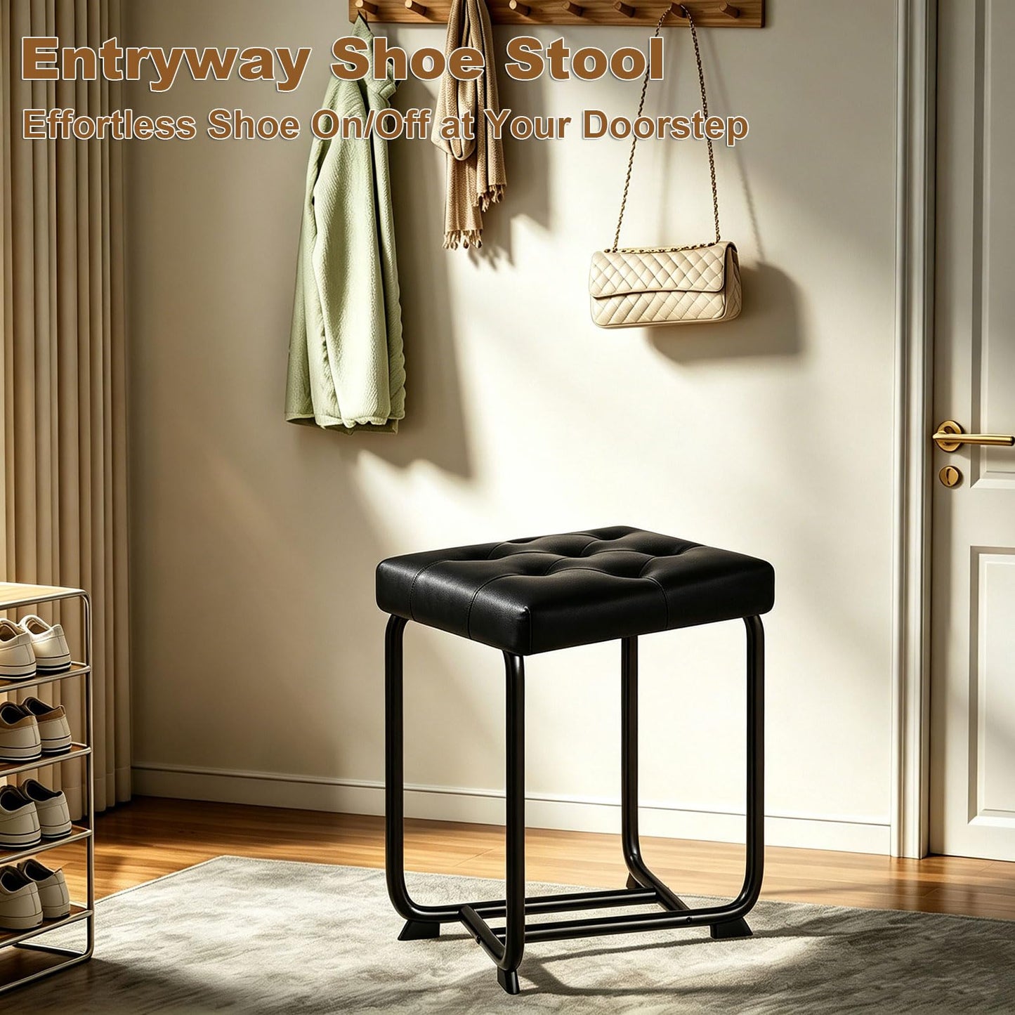 BEWISHOME Black Vanity Stool, Leather Vanity Stool, Small Stool Chair for Vanity, Square Ottoman Foot Stool, Makeup Vanity Chairs with Thick Padded Seat for Bathroom, Bedroom, Entryway, KFD01B