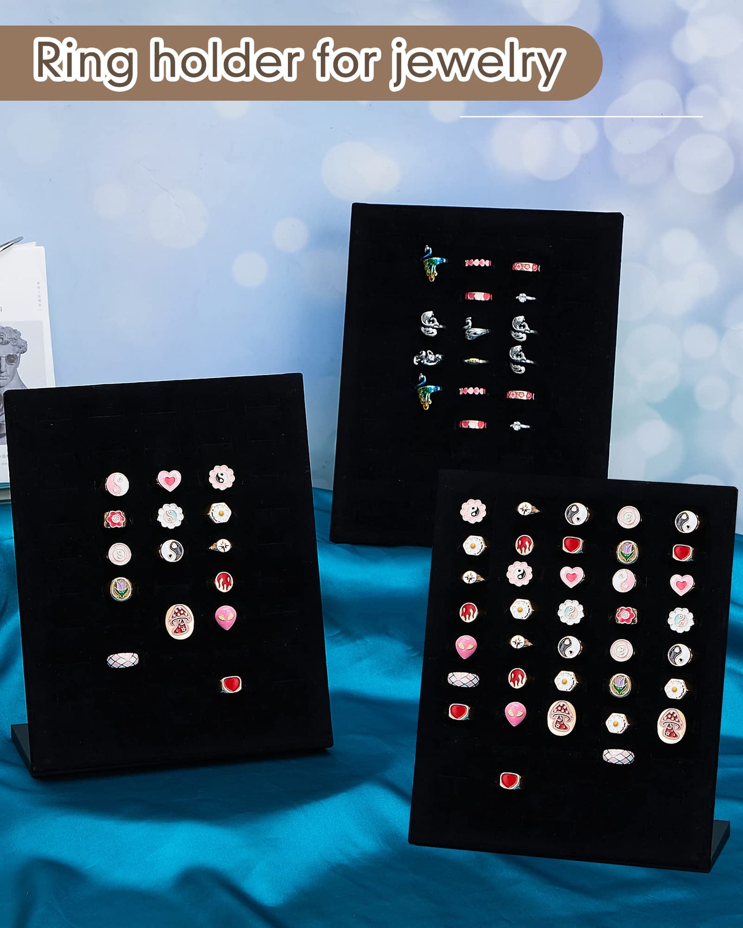Henoyso 4 Pcs Velvet Ring Display 50 Slots L-Shaped Ring Display Stand Tray Holder for Selling Earring Jewelry(Black)