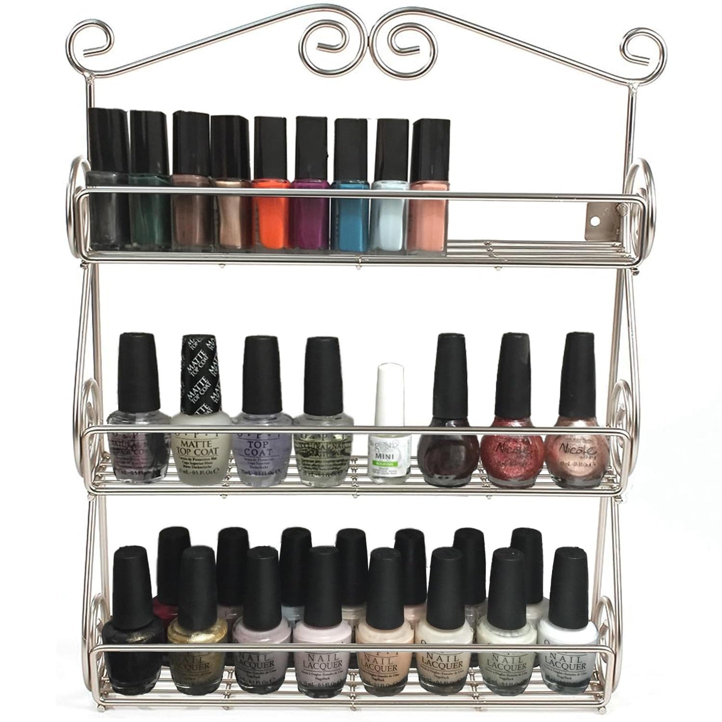 FitWell Scroll Wall Mount Spice Rack, 3-Tier, Traditional Spice Rack Cabinet & Kitchen, Beauty & Nail Polish Organizer for Bathroom, Scroll Wall-Mounted (Satin Nickel)