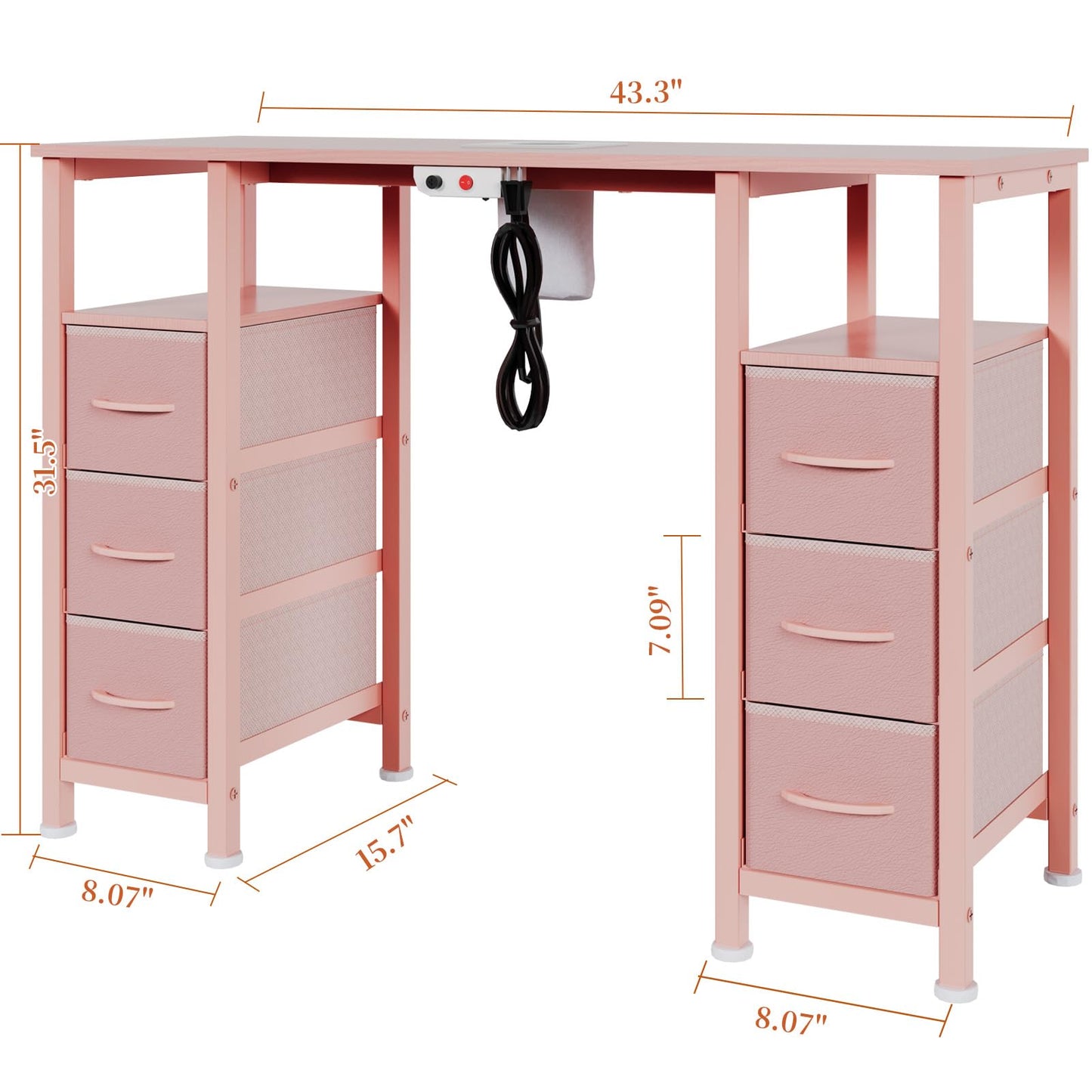 WODRAWER Manicure Table Nail Desk for Nail Tech, Nail Beauty Table w/Electric Dust Collector & 6 Storage Drawers & Open Shelves for Home, Workshop, Makeup Beauty Salon Workstation (Pink)
