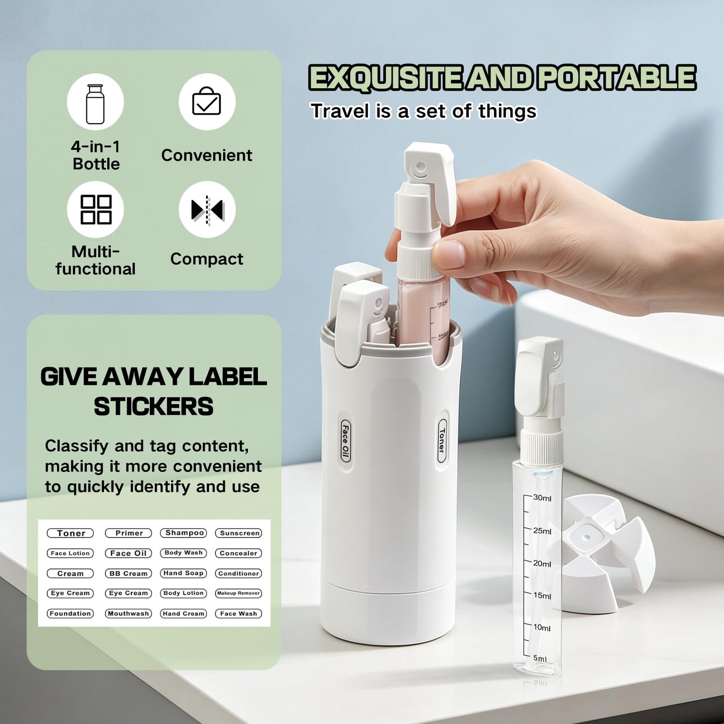4 in 1 Travel Dispenser Bottle with Pump for Vacation & Business Trip, Leakproof & Easy Clean Travel Bottle and Toiletries Containers with Scale and Labels for Shampoo, Conditioner, Lotion & Skincare