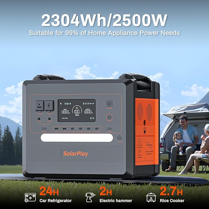 SolarPlay Portable Power Station 2500W(Peak 5000W), 2304Wh Solar Generator with 400W Panel 1.5Hrs Fast Charging LFP Battery4 AC Outlets Emergency Power Station for Home Camping Outdoor Battery Backup