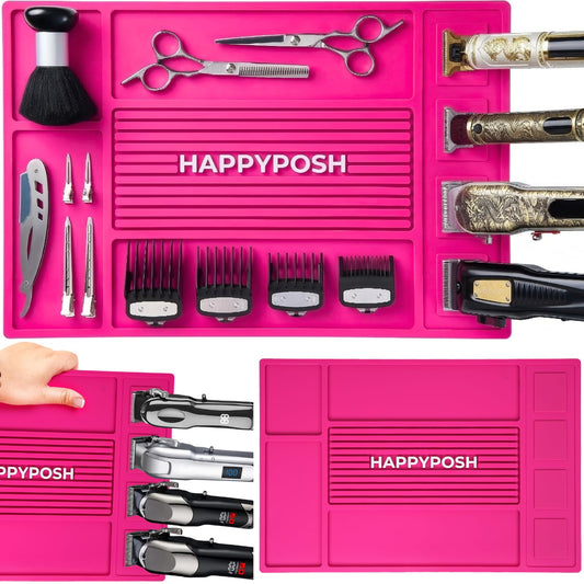 HAPPYPOSH Magnetic Barber Mat, Magnetic Barber Mats For Clippers and Supplies, Barbershop Pad for Station, Beauty Salon Table Mat, Barbering Tool Organizer for Pro Hairstylist, Pink