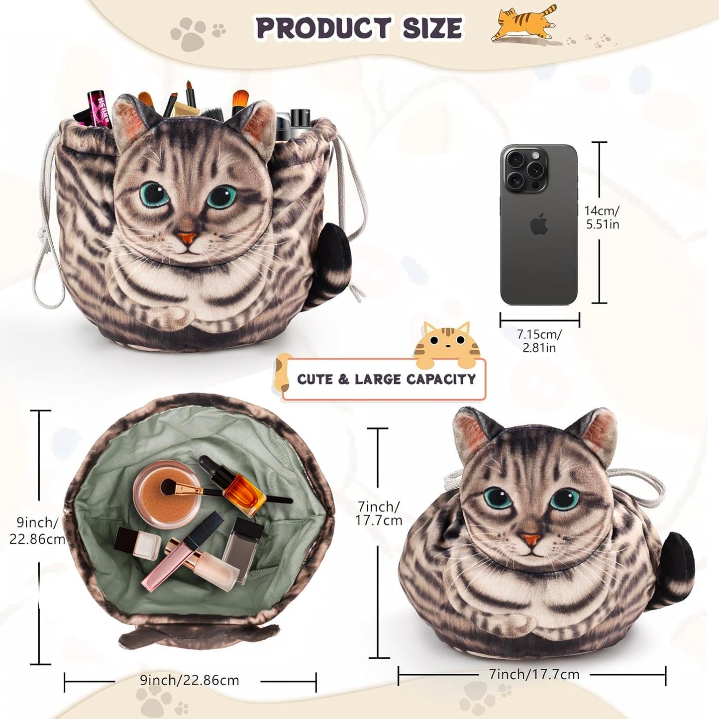 Openhahaha Openhaha Drawstring Travel Organizer, Cosmetic Pouch - Cat Gift, Lay Flat Makeup Bag Gifts for Cat Lovers