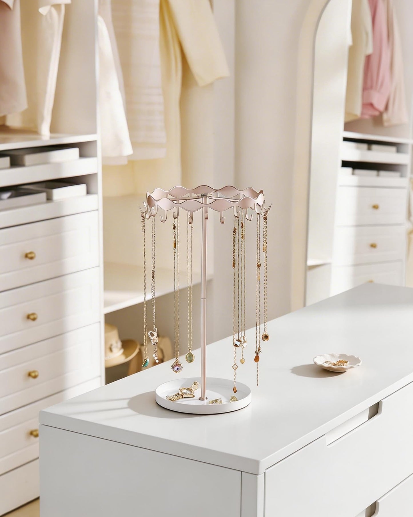 Lolalet Necklace Organizer Holder, Jewelry Display Rack Tree Stand with 26 Hooks & Metal Base Tray, Tall Hanging Storage for Necklaces, Keychains, Bracelets, Mothers Day Gift for Women -Rosegold