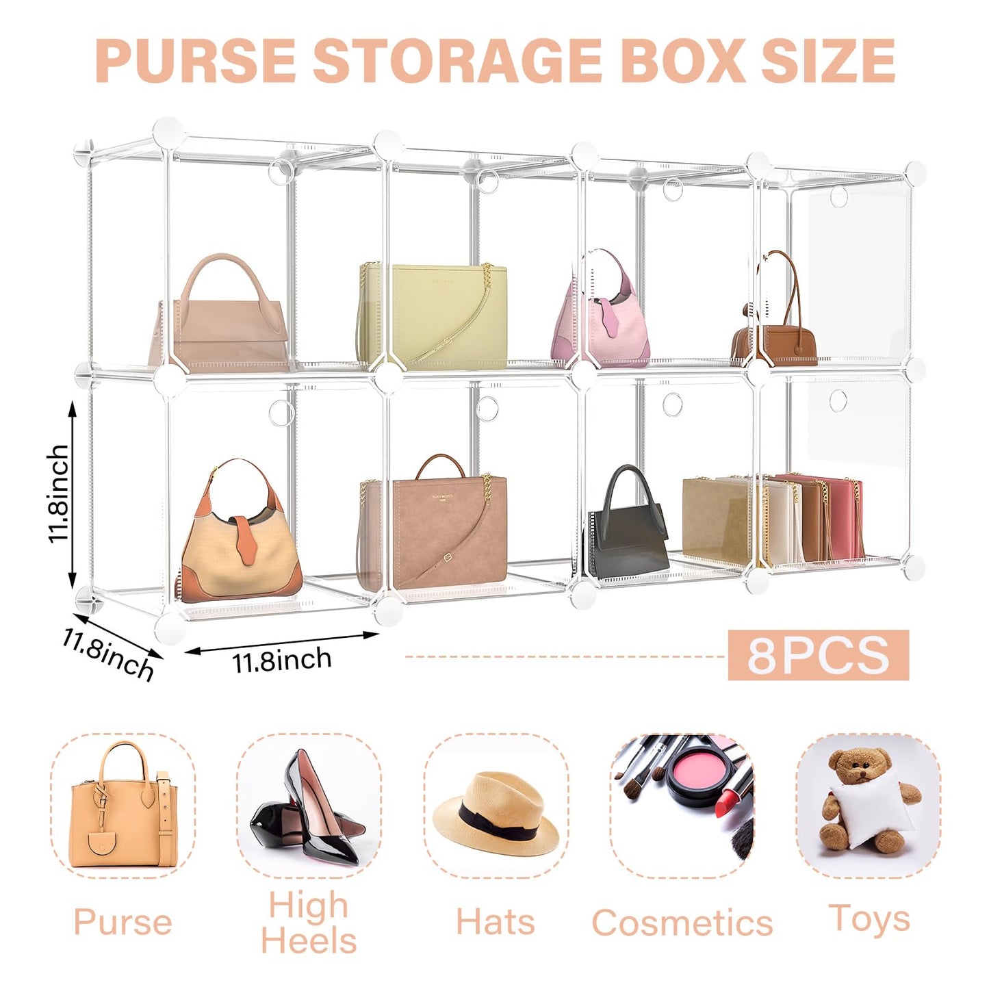 Briwooody 8 Pack Purse Organizer for Closet Purse Storage Box with Door Clear Display Case Handbag Organizer Dustproof Storage Bins for Hat Wallet Book Toy Cosmetic