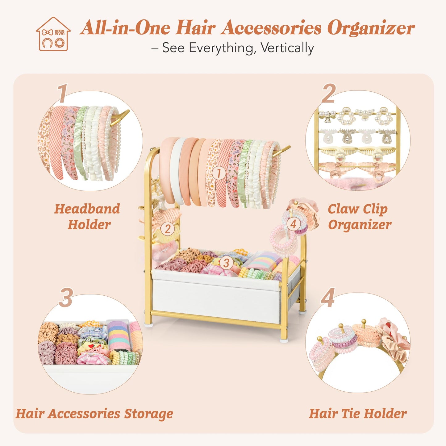Keebofly Headband Holder Stand - Versatile Organizer for Scrunchies, Bows & Claw Clips - Compact Hair Accessories Storage for Girls, Women, Babies,Golden