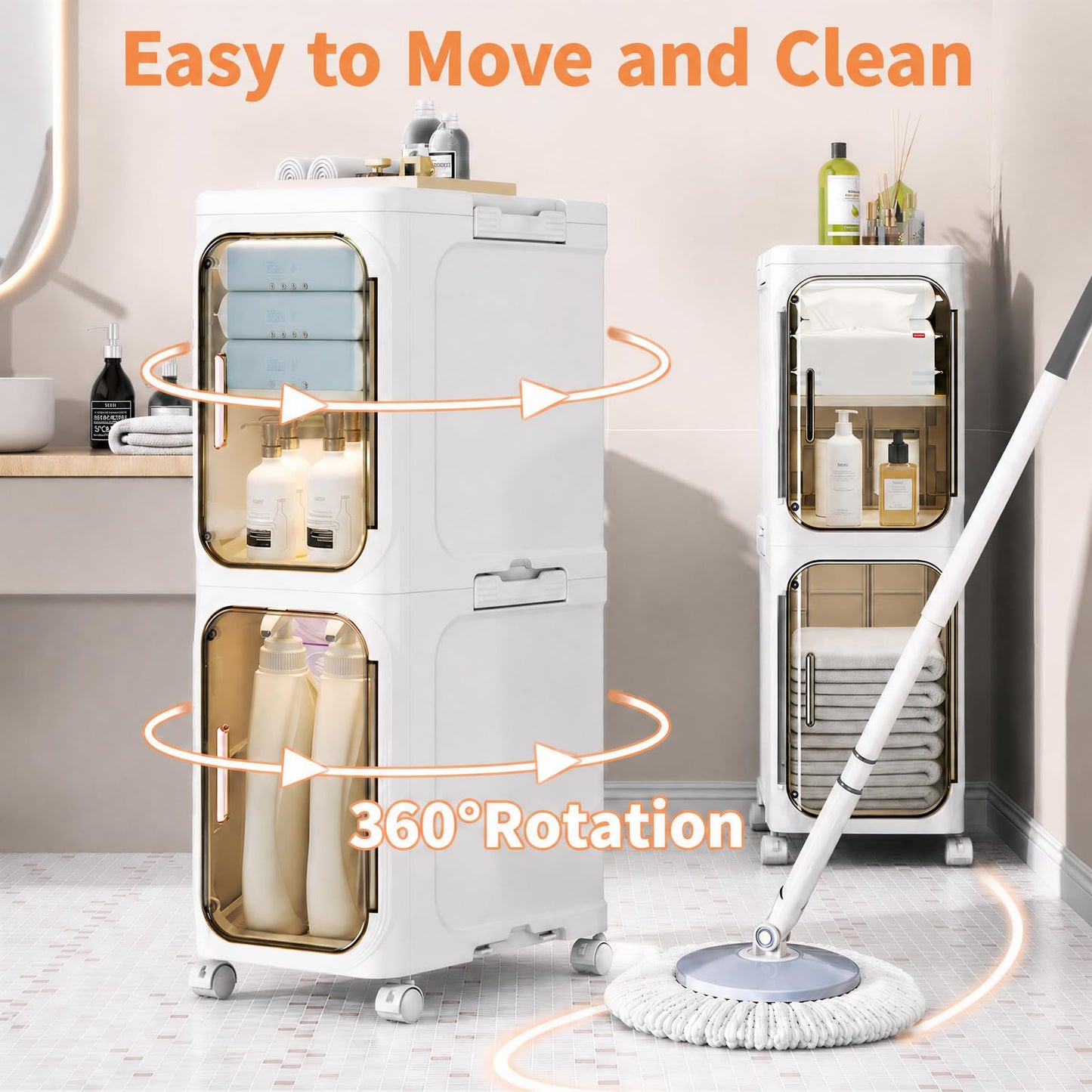 AntStep 2-Tier Slim Bathroom Storage Cabinet, Narrow Storage Cabinet with Wheels, Adjustable Shelves, Magnetic Doors, Water-Proof, Anti-Tip Skinny Organizer Cabinet for Small Space, Cream White