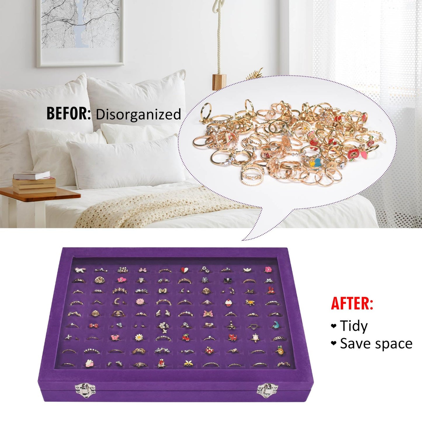 Vicoter Rings Organizer Tray 100 Slot Velvet Ring Earring Storage Box TranSparent Cover Jewelry Store Ring Display Box Jewelry Display Cabinet for Girl Wife Mother