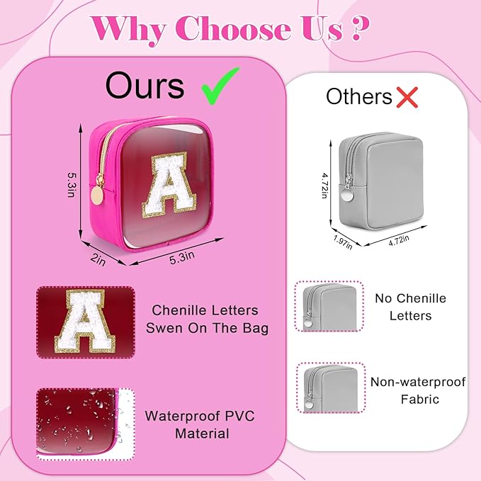 Personalized Initial Letter Clear Preppy Makeup Bag,Mini Nylon Chenille Letter Cosmetic Bag Cute Zipper Pouch Coin Purse for Teen Girls,Portable TSA Approved Travel Essentials Bag Gift for Women,C