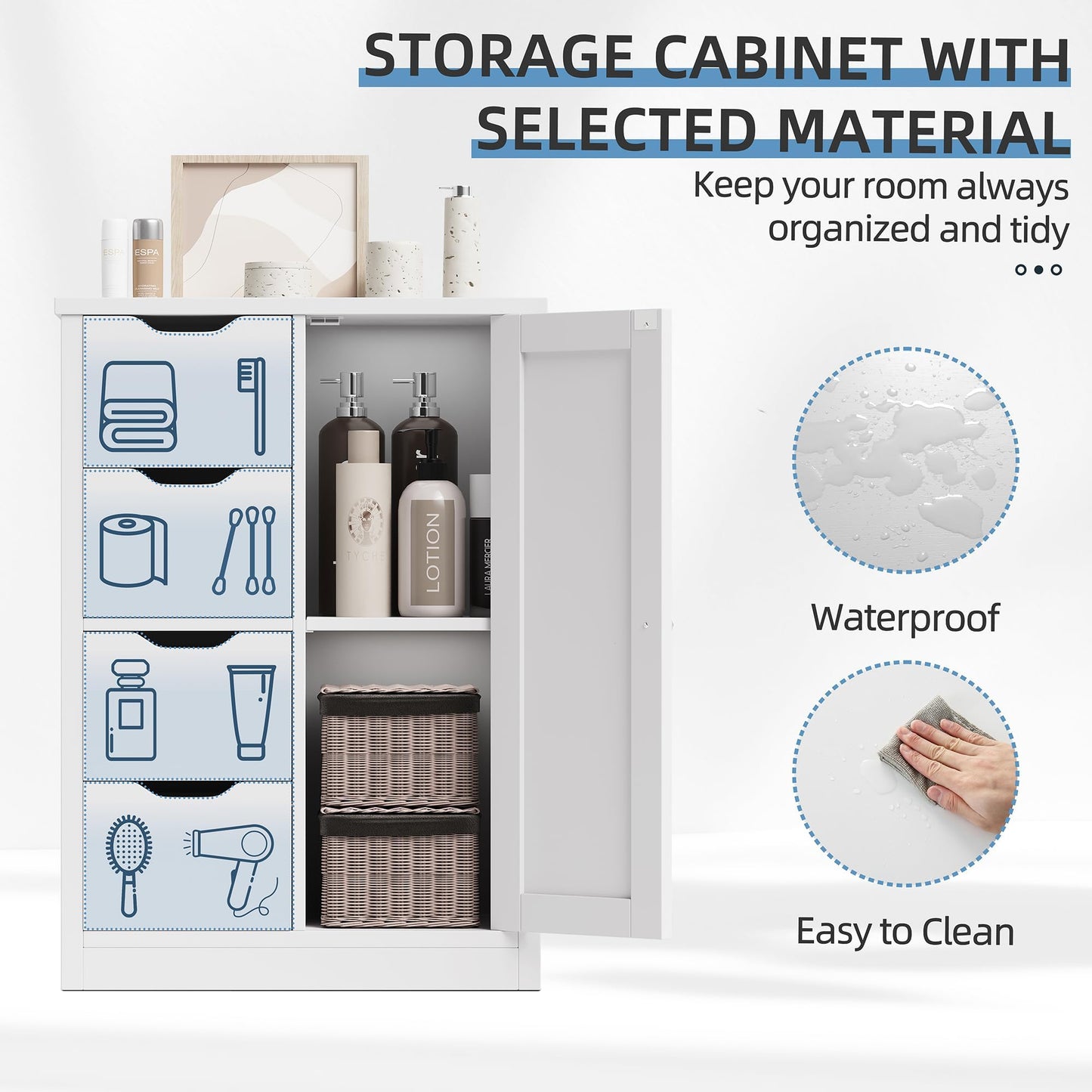 Shintenchi Bathroom Floor Storage Cabinet, Wooden Storage Organizer with 4 Drawers and 1 Cupboard, Freestanding Bathroom Furniture, Home Storage Unit with Adjustable Shelf, White