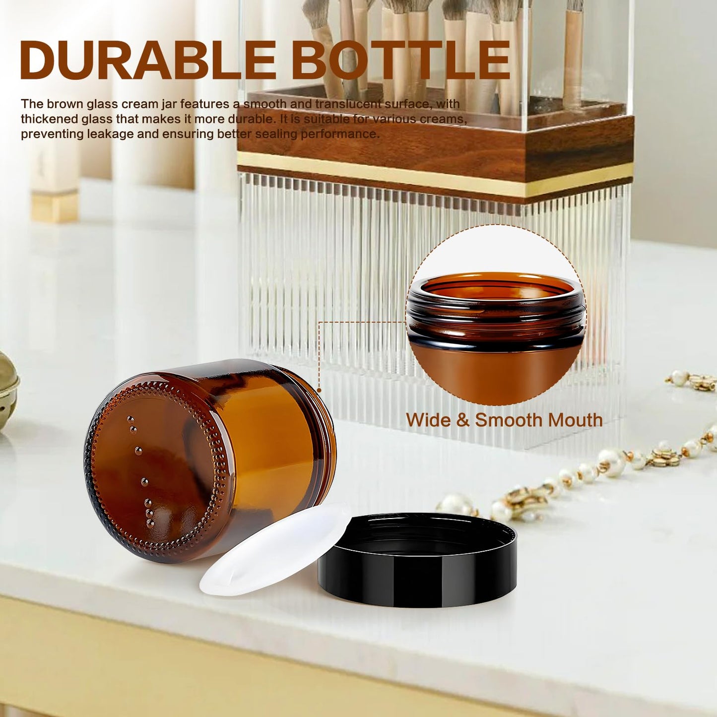 Nexboraque 30 Pack 4oz Small Glass Jars with Black Lids, Round Amber Cosmetic Container with Inner Liners for Lotion, Cream, Ointments, Makeup, Eye shadow, Rhinestone, Samples, Pot, Travel Storage