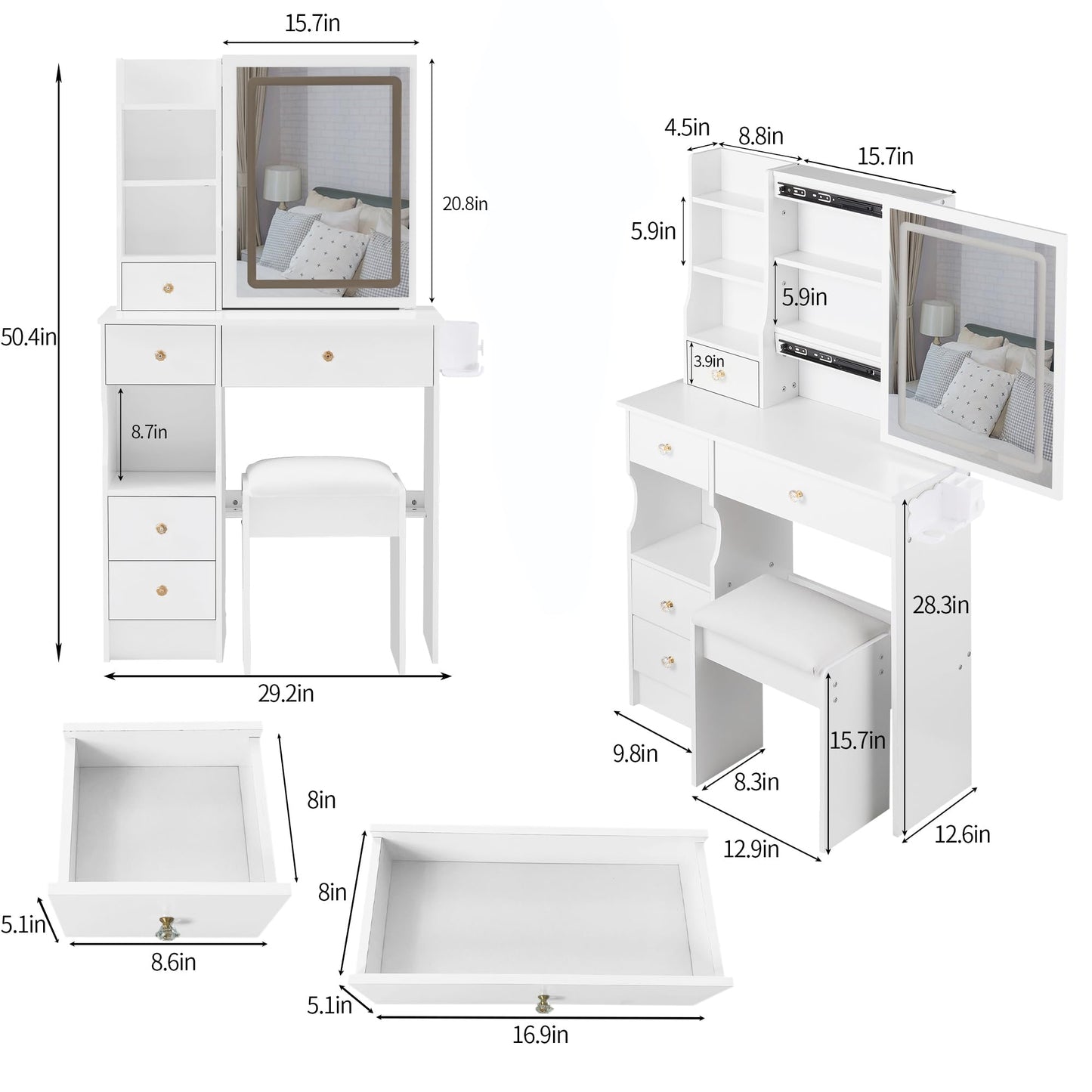 KEIKI Vanity Desk with Mirror Light and Charging Station, Makeup Vanity Table with Stool, Storage Drawer & Hair Dryer Holder, 29.2" Small Dressing Table Set with Tri-Color Lighting for Bedroom, White