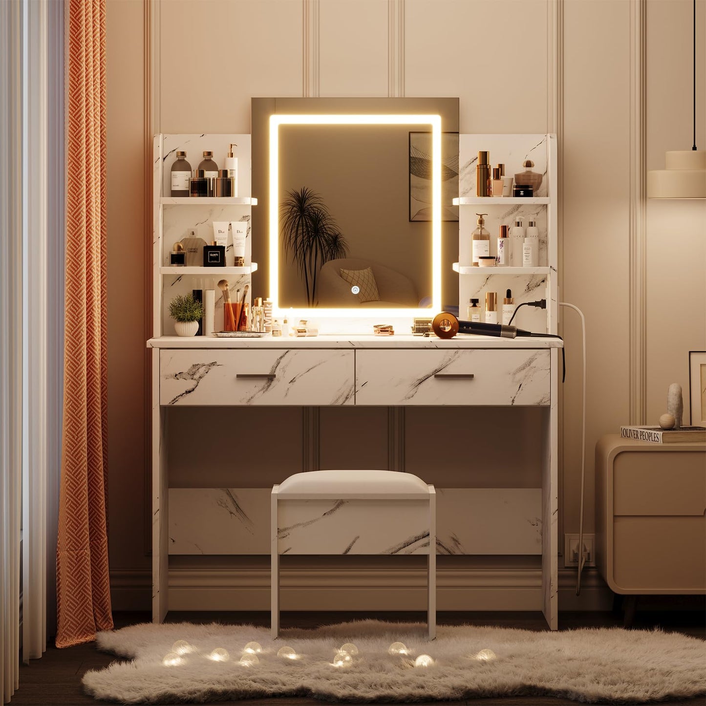 Hetoy Makeup Vanity Desk with LED Mirror & Charging Station, Vanity Set with 6 Shelves, 2 Drawers & Cushioned Stool, Three Lighting Modes Makeup Vanity Set for Bedroom