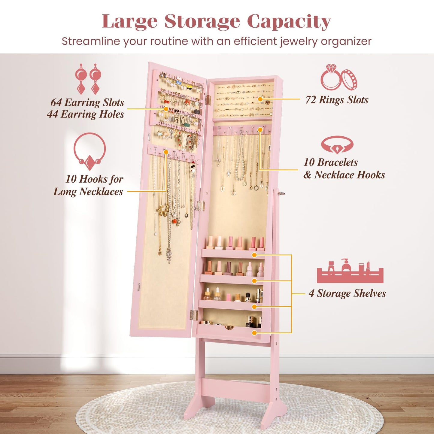 Giantex Jewelry Armoire with Full Length Mirror, Standing Jewelry Cabinet Organizer with 3 Tilting Angles, Bedroom Dressing Mirror with Large Storage for Earrings, Rings, Necklaces, Light Pink