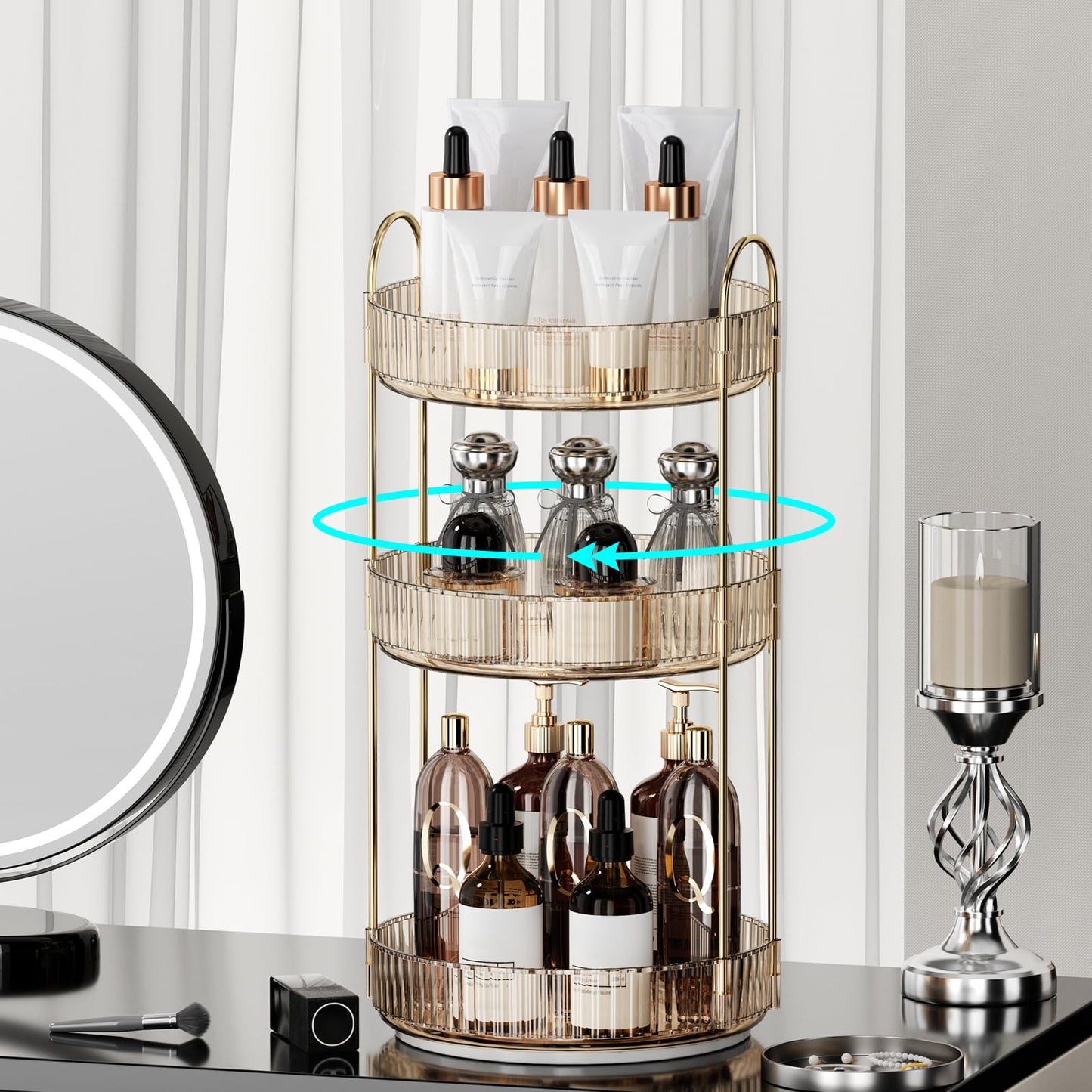 SiiMMM 360° Rotating Makeup Organizer for Vanity - 3 Tier Perfume Organizer with Large Capacity - Skincare Organizer for Bathroom Counter - Space-Saving Cosmetic Storage for Dresser Countertop (Gold)