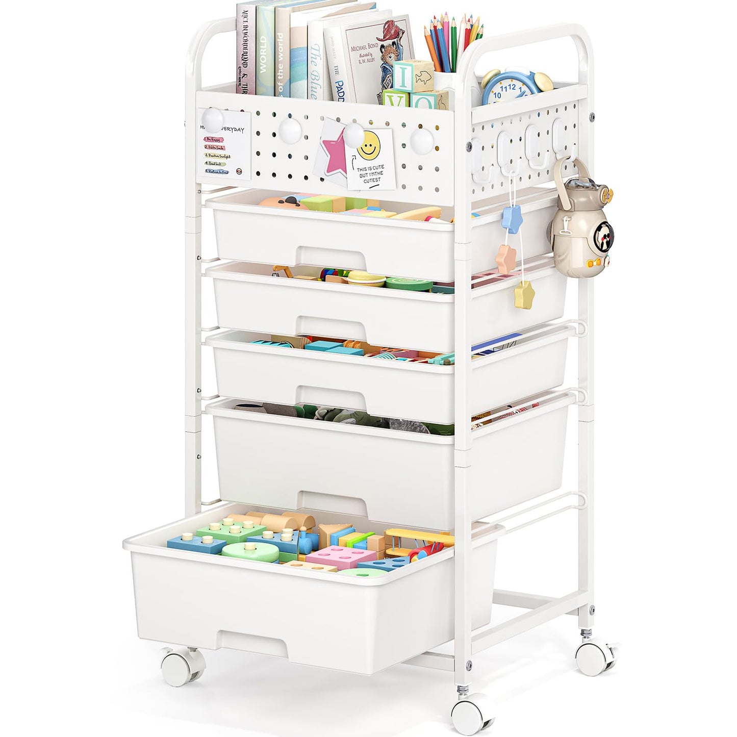5 Drawer Rolling Storage Cart with Pegboard Top and Hooks, Mobile Utility Organizer with Wheels for Office Supplies, Craft Storage, Classroom Organization, Home Storage Cart, White