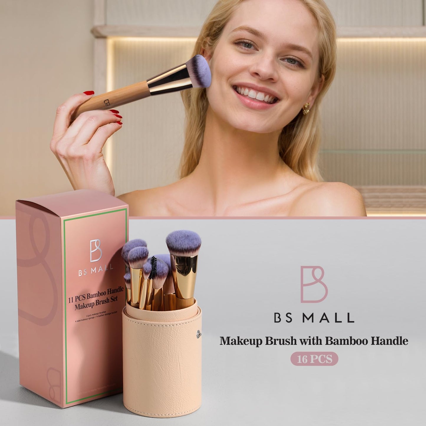 BS-MALL Makeup Brush Set 11Pcs Bamboo Synthetic Kabuki Brush Set Foundation Powder Blending Concealer Eye shadows Blush Cosmetics Brushes with Organizer Holder& 4 Mini Makeup Sponge