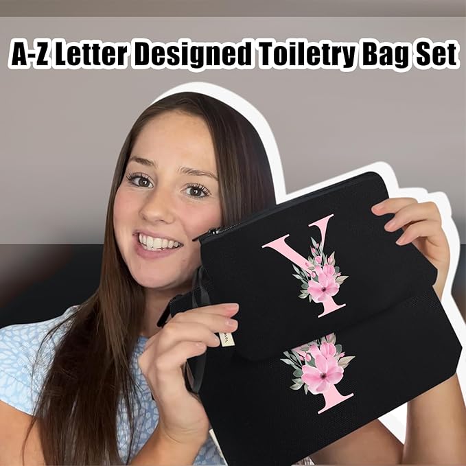 Vavabox A-Z Personalized Makeup Bag, Birthday Gifts for Women Mom, Gifts for Best Friend, Bride Bridesmaid Cosmetic bag (Y, 04-Black Set)