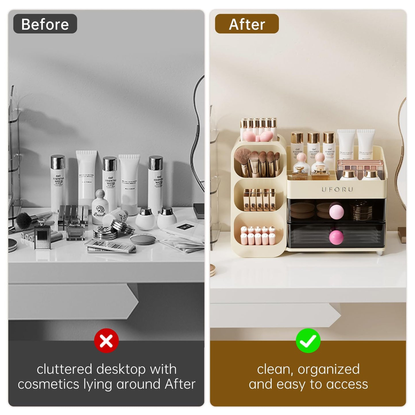 UFORU Makeup Organizer for Vanity with Brush Holder, Large Capacity Bathroom Countertop Skincare Organizer with 2 Drawers, Cosmetic Display Case for Perfumes, Eyeshadow Palettes, Nail Polishes