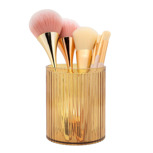 DASITON Makeup Brush Holder Organizer, Acrylic Makeup Brush Cup, Vintage Striped Make Up Brush Holder for Vanity, Bathroom Countertop, Toothbrush Holders, Pen Holder for Desk Storage (Yellow)