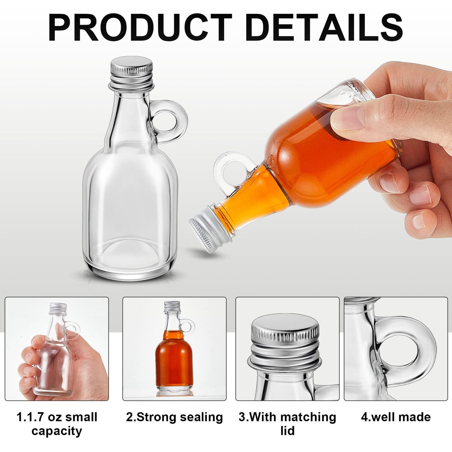 Suclain 32 Pcs 1.7oz Mini Glass Syrup Bottles Small Syrup Jars with Loop Handle and Lids Clear Glass Reusable Maple Jars Container Stout Sample Bottle for Potion Juice Milk Storage Sauce Oil
