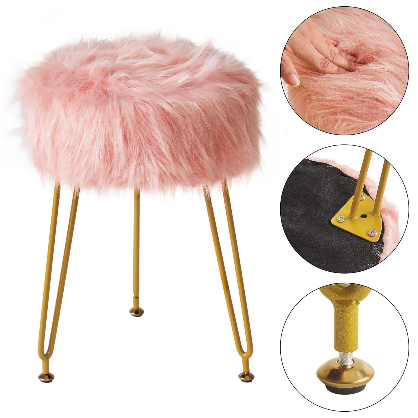 IBUYKE Faux Fur Vanity Stool Chair, Furry Makeup Stool Ottoman, Soft Padded Seat, Round Footrest Footstools with 4 Metal Legs, for Living Room Bedroom Entryway, Pink LG-32P