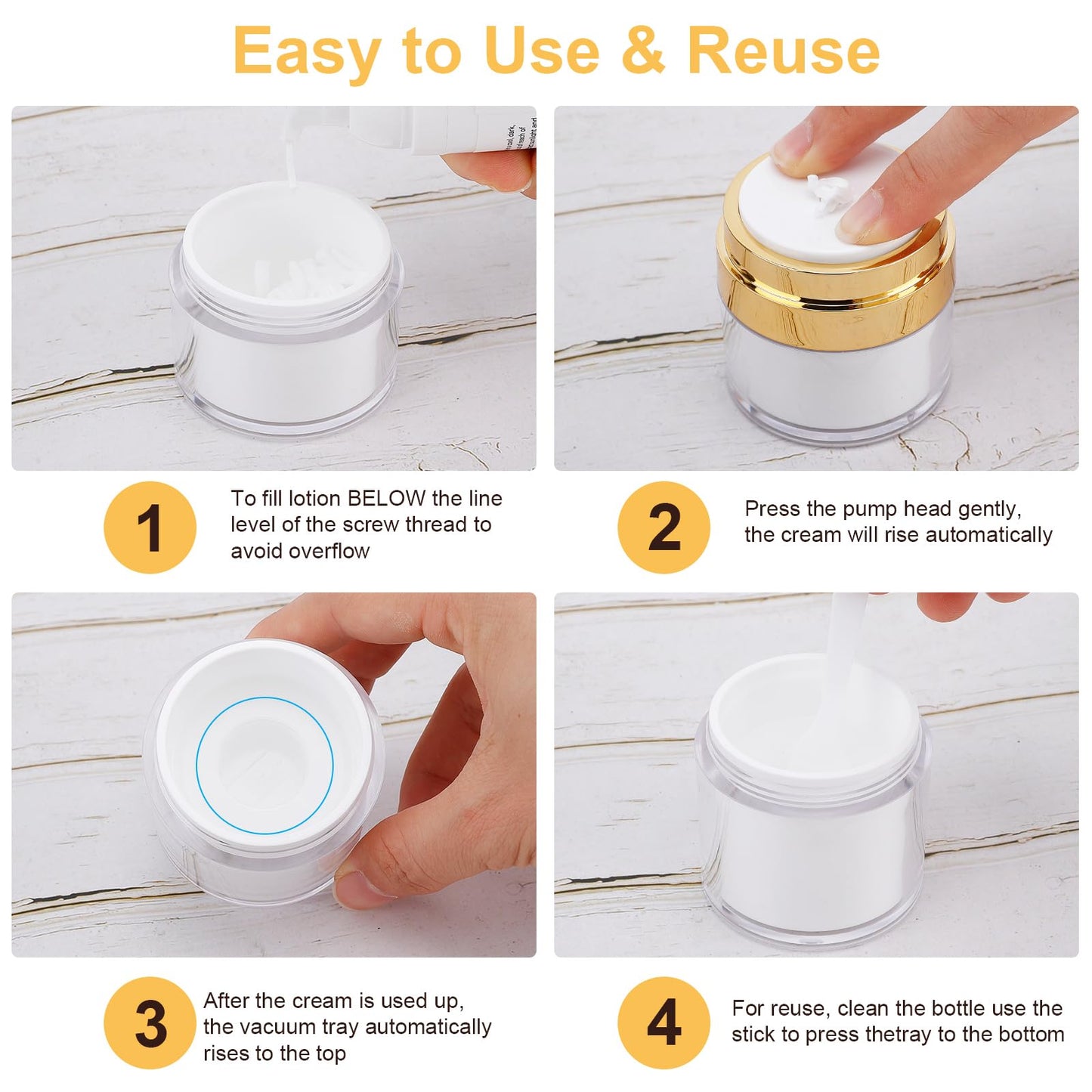KOUWICH 1.7/1/0.5oz Refillable Cosmetic Moisturizer Airless Pump Jar 3 Pack Bottles Travel TSA Size for Cream, Gels and Lotion with 2 Silicone Cream Jars BPA-Free