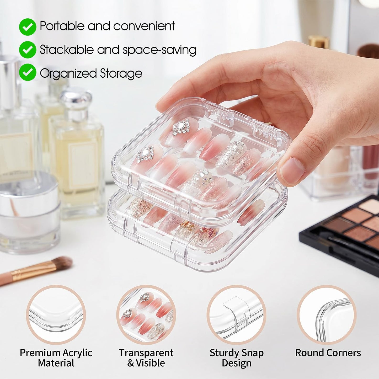 Meyeyaia 48 Sets Press On Nail Boxes, Clear Nail Packaging Case for Press Ons with 180 Pcs Adhesive Double Sided Tape, Acrylic Artificial Nail Display Container for Nails Salon