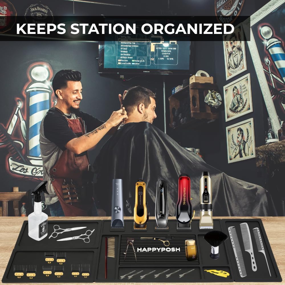 HAPPYPOSH Magnetic Barber Mats for Clippers, Large 4-Piece Modular Barber Station Organizer with 5 Strong Magnets, Non-Slip Magnetic Tool Mat for Professional Barber Shop & Salon Accessories