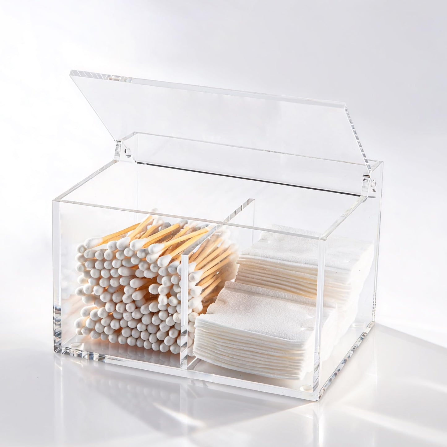 Dealpoli Clear Acrylic Cotton Swab Ball Holder Qtip Organizer with Lid 2-Grid Canister for Make Up Pads, Floss Picks, Vanity Storage,Bath Salts, Cosmetics, Home Bathroom Decor (DP004)