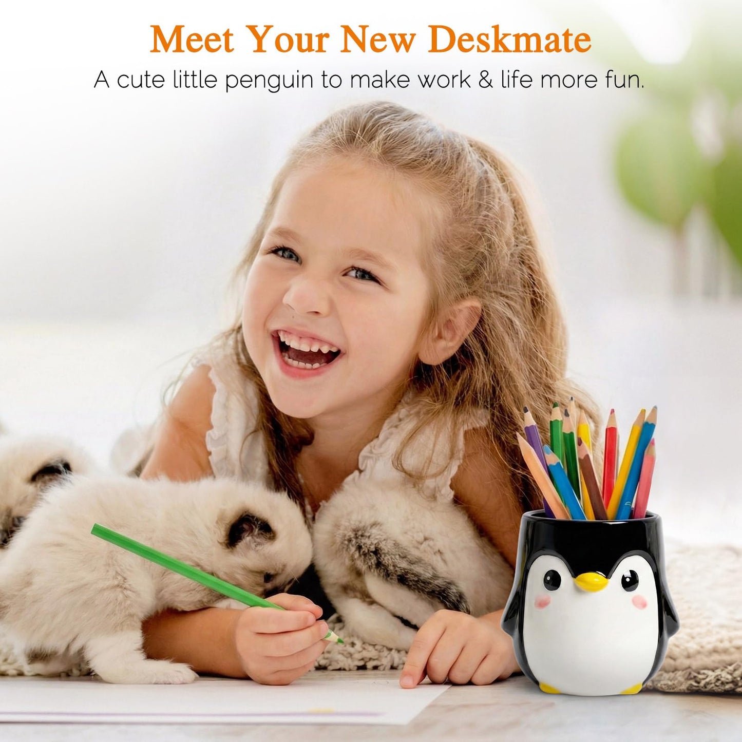 RunaFun Penguin Pen Holder, Cute Pencil Cup, Ceramic Office Decor，Multifunctional Toothbrush Holder & Makeup Brush Storage, Gift for Couples Coworkers，Male Penguin