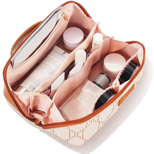 Cozomga PU Leather Travel Makeup Bag for Women, Large Capacity Cosmetic Organizer, Structured Waterproof Travel Toiletry Bag, Portable Handheld Makeup Pouch for Home & Travel (Medium)