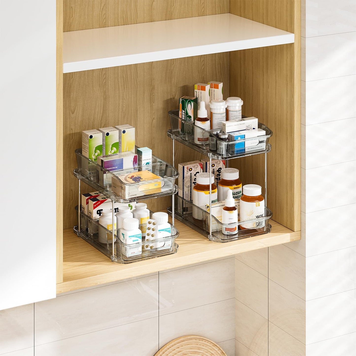 Delamu 2-Tier Under Sink Organizers and Storage, Multi-Purpose Stackable Bathroom Cabinet organizers, Pull Out Kitchen Pantry Organization and Storage with Dividers(2 Pack, Grey)